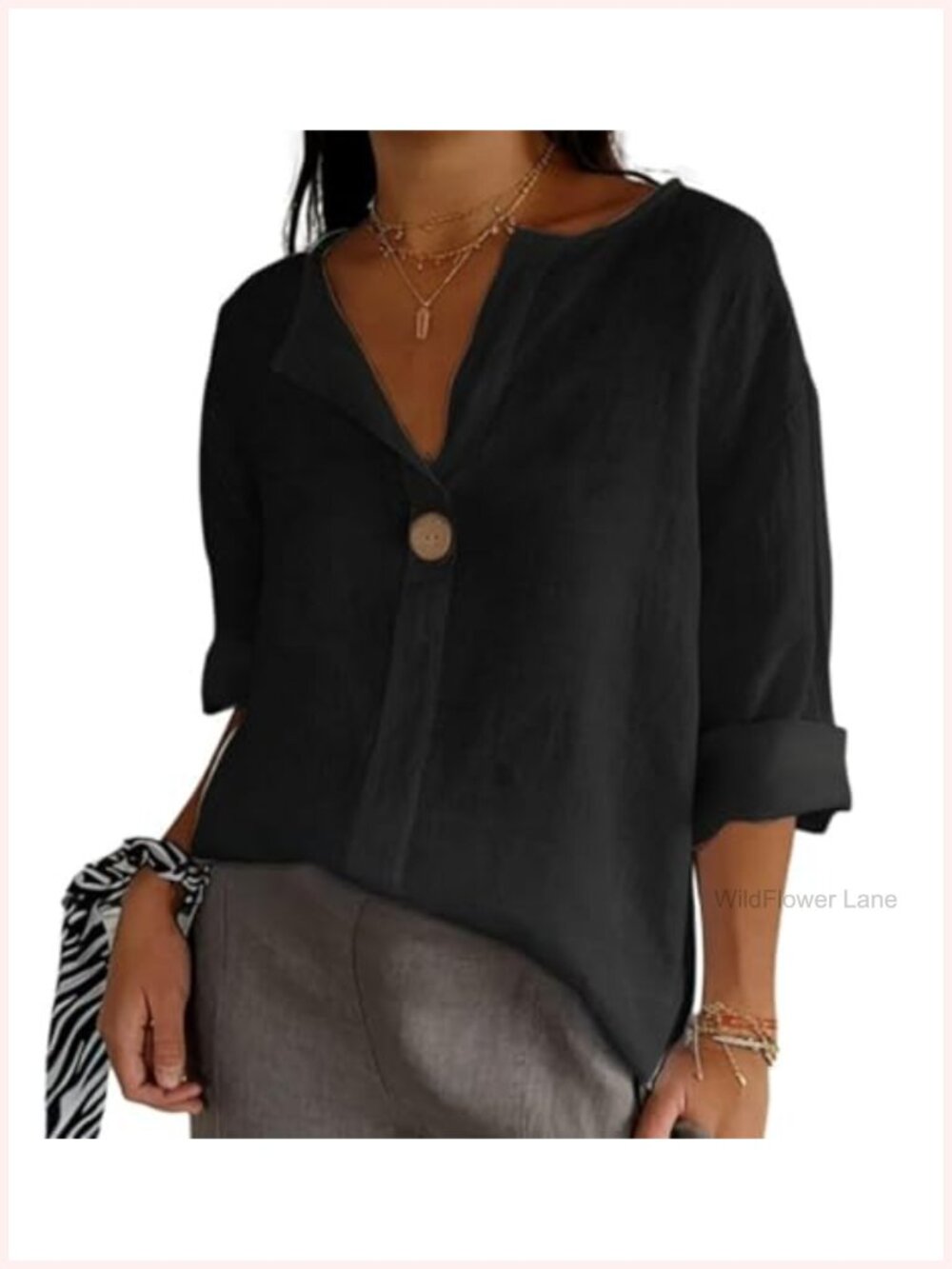 Womens Linen Cotton Button Down V Neck 3/4 Sleeve Tunic Blouse